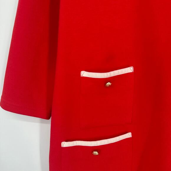 Tuckernuck Francoise Mod Mini Dress Crew Neck 3/4 Sleeve Gold Button Shift, Red - Picture 8 of 12